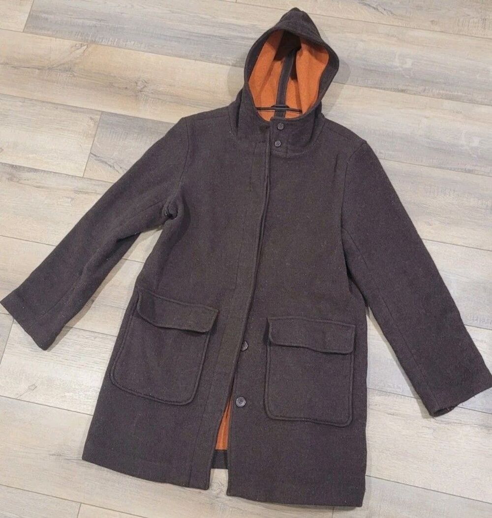 American Eagle Outfitters Brown & Orange Wool Blend Wmns Hooded Long Jacket Sz L